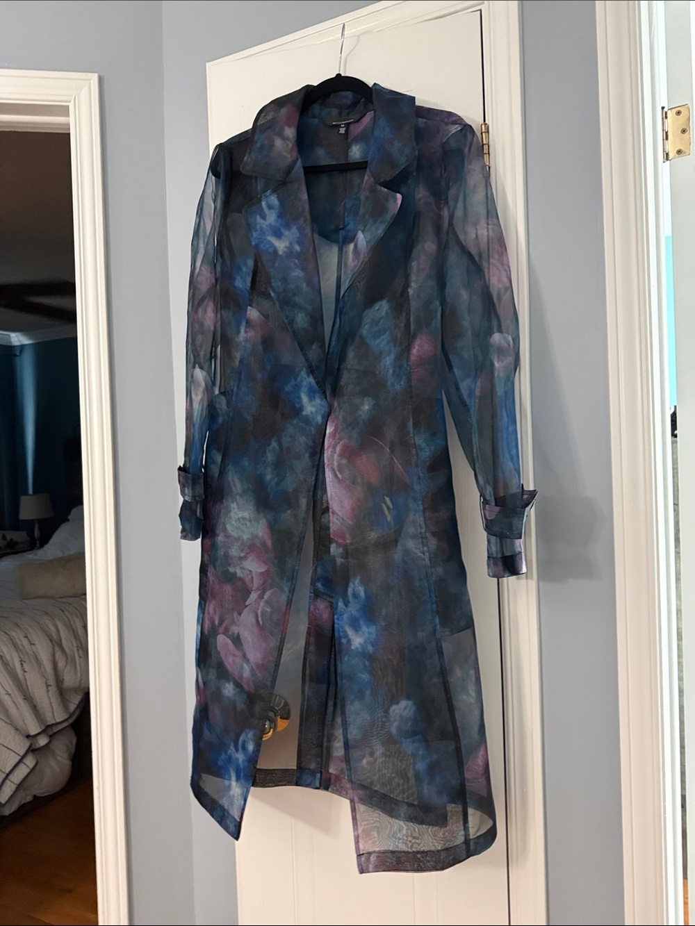 White House Black Market Sheer Floral Trench Coat in Blue and Purple